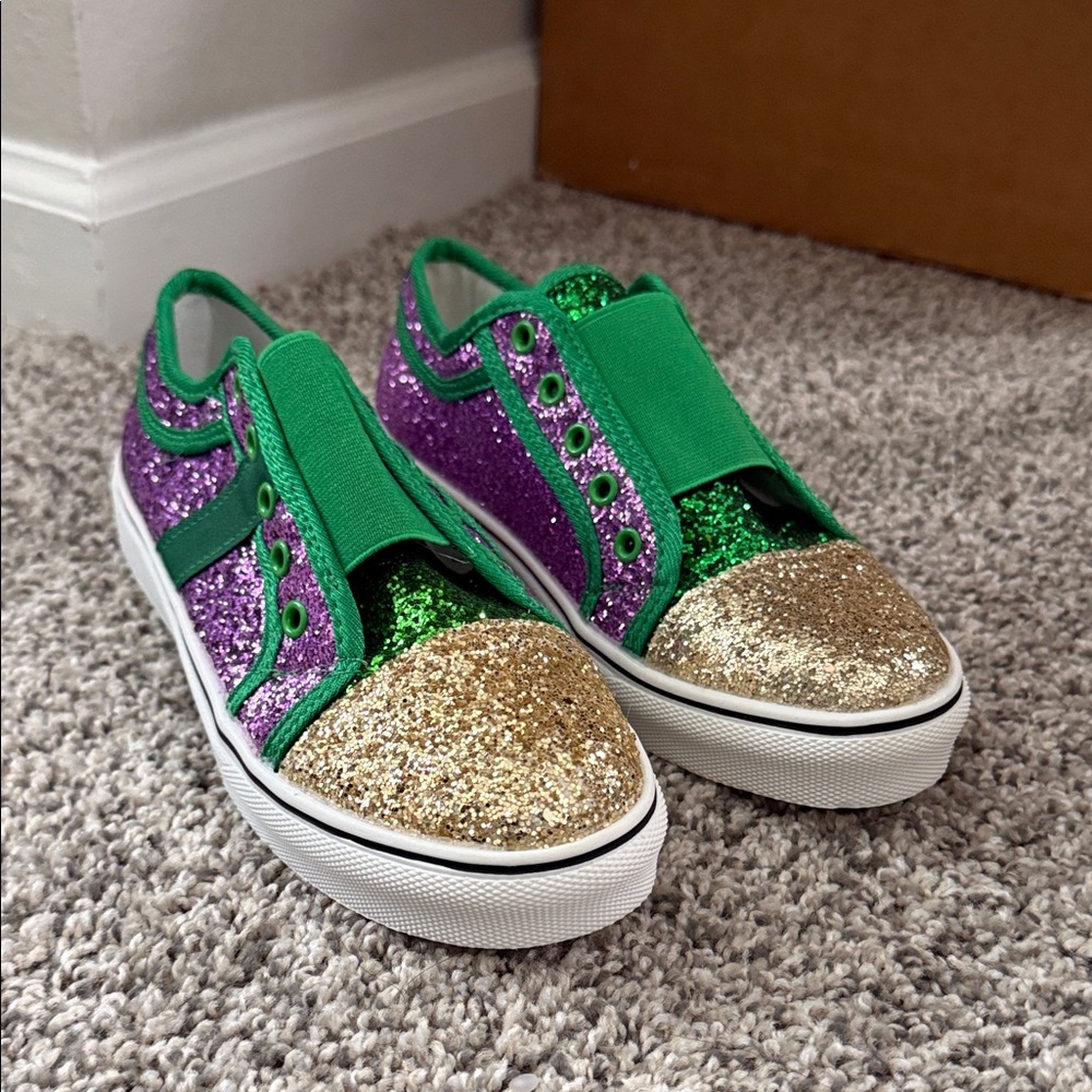Womens Glitter Slip-On Sneakers in Green, Purple & Gold